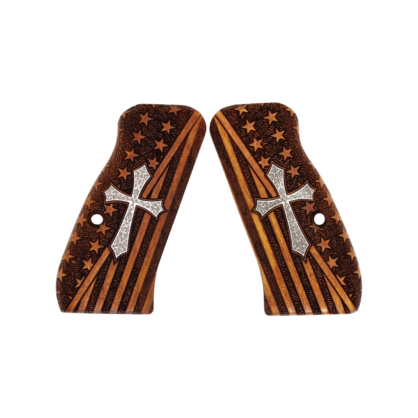 URAY CZ-75 Compact Walnut Wood CNC/Handcrafted Hybrid American Flag and Christian Cross Pistol Grips
