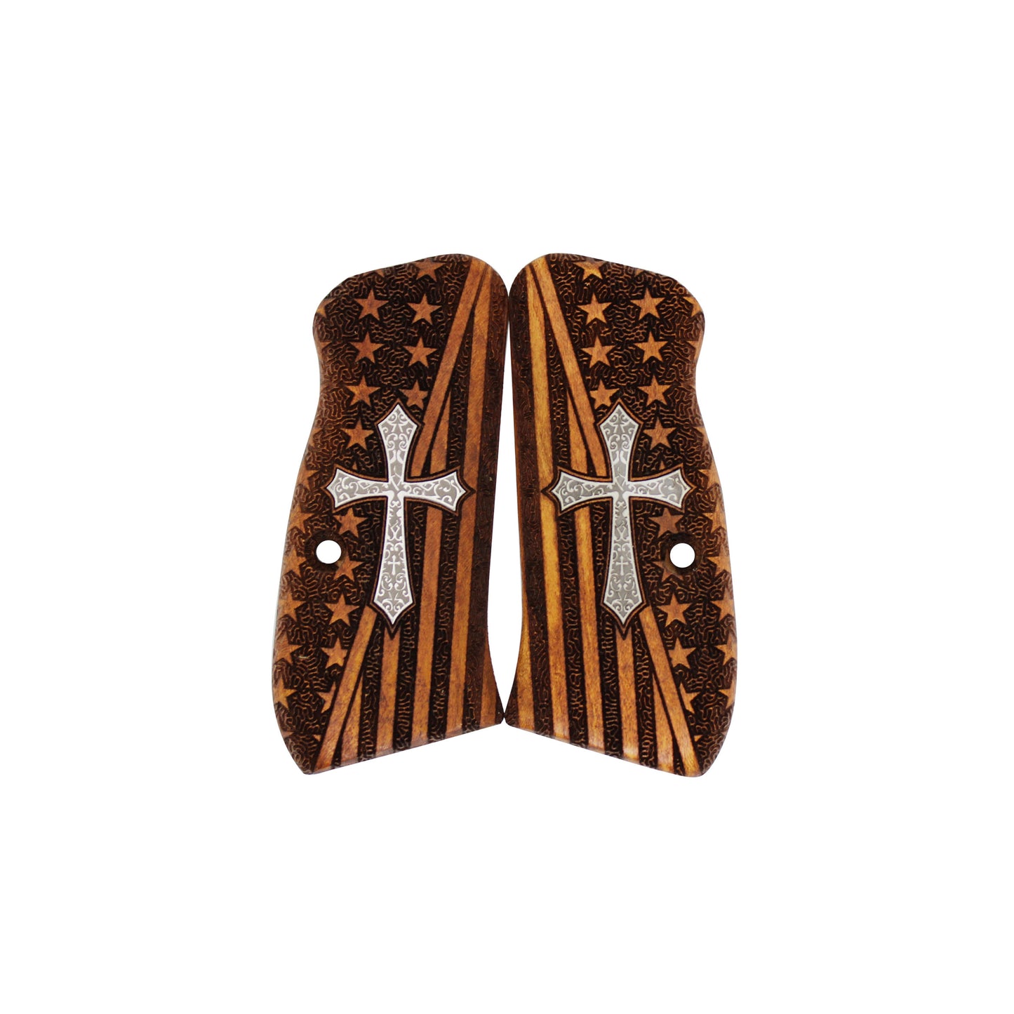 URAY CZ-75 Compact Walnut Wood CNC/Handcrafted Hybrid American Flag and Christian Cross Pistol Grips