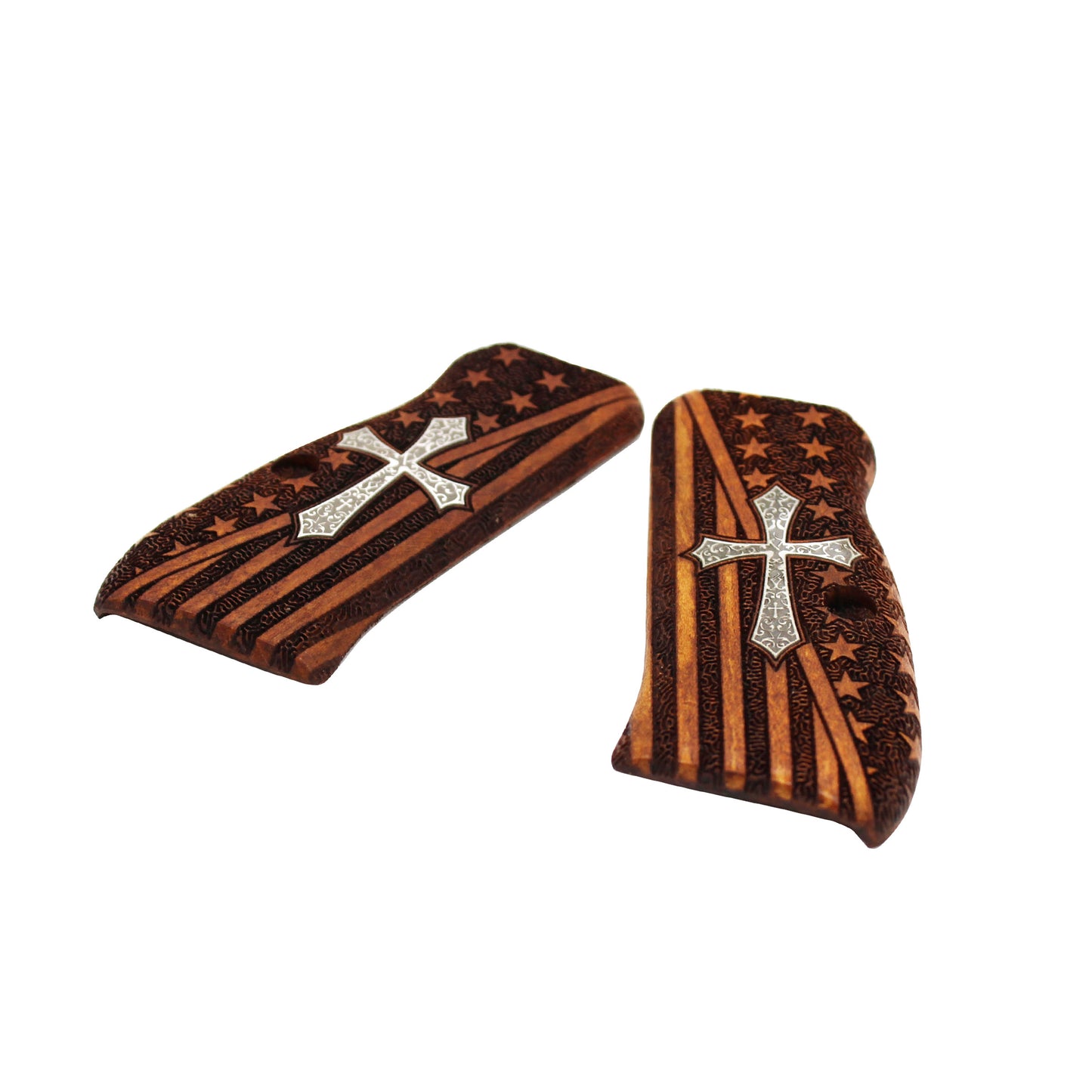 URAY CZ-75 Compact Walnut Wood CNC/Handcrafted Hybrid American Flag and Christian Cross Pistol Grips