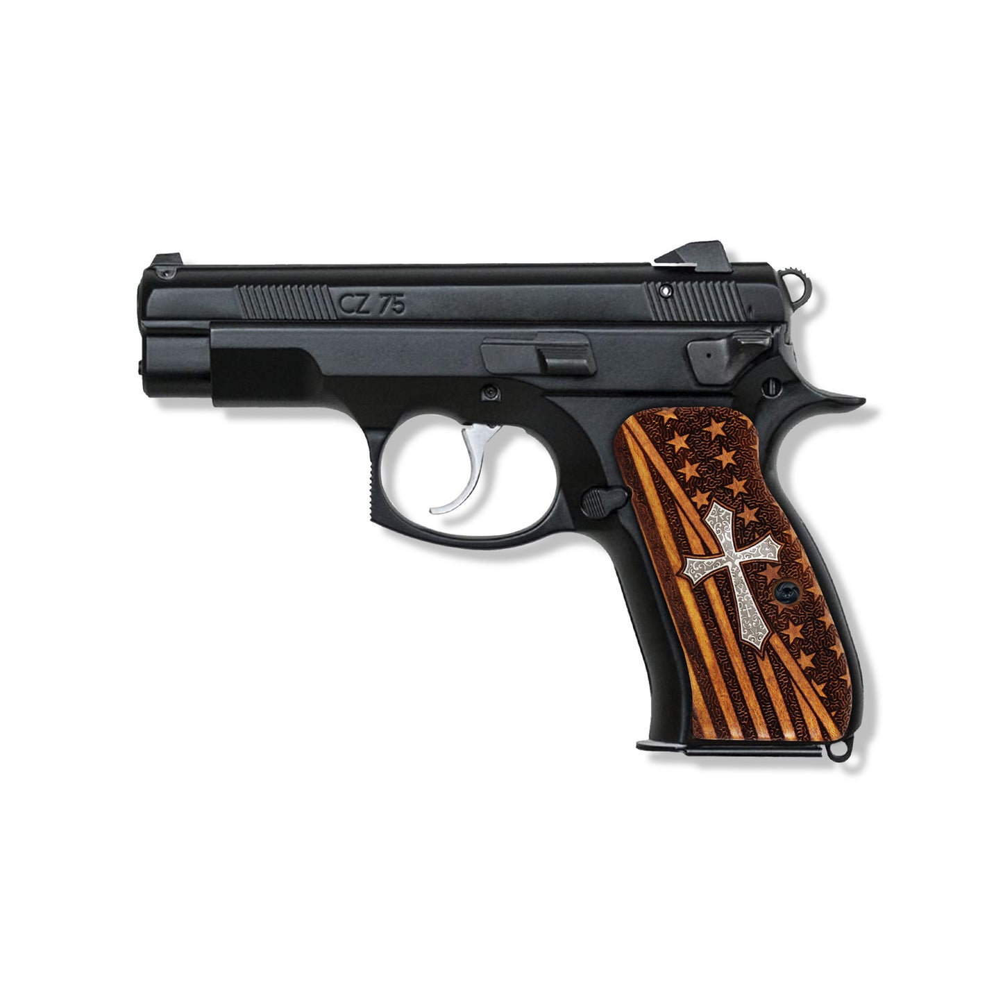 URAY CZ-75 Compact Walnut Wood CNC/Handcrafted Hybrid American Flag and Christian Cross Pistol Grips