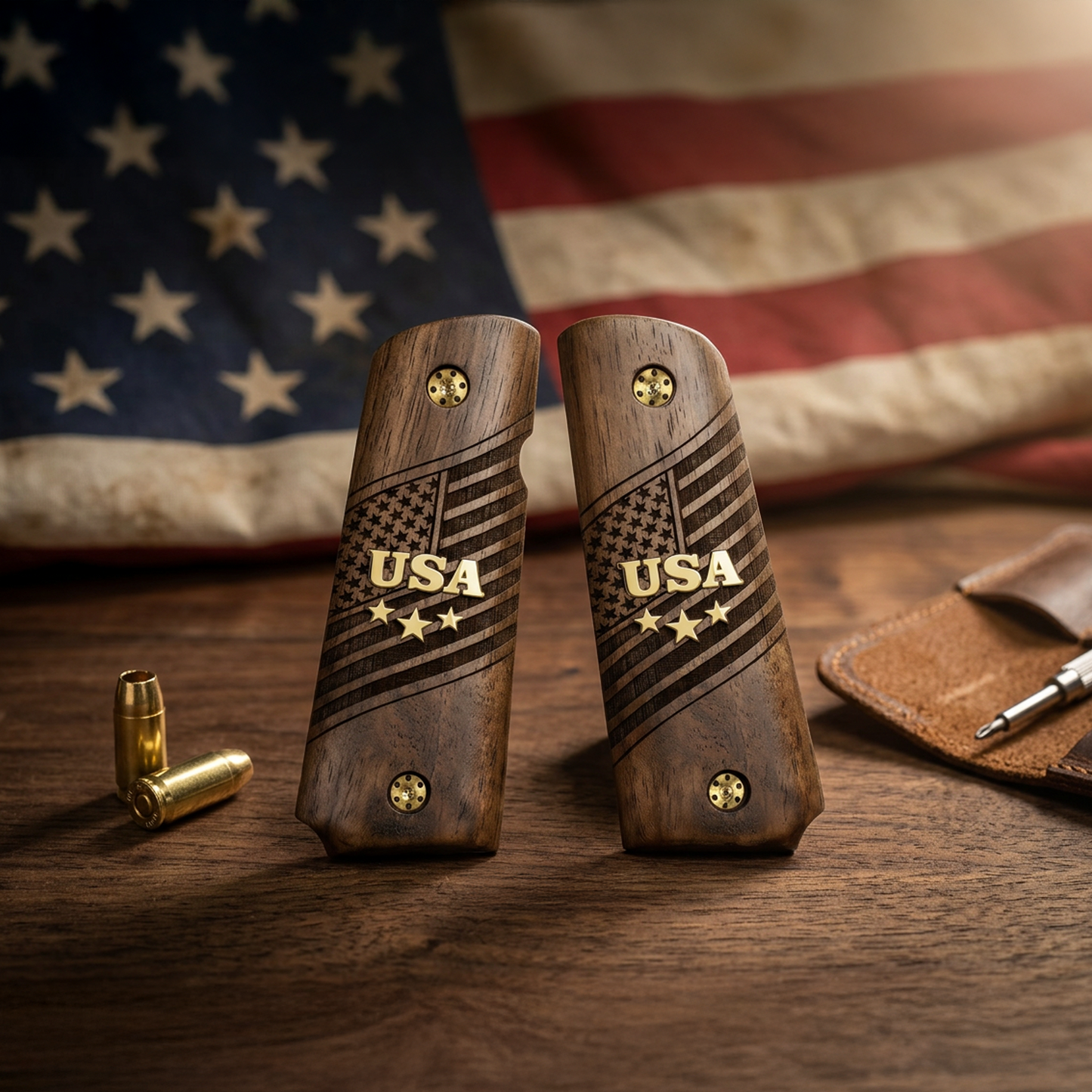 URAY 1911 Full Size Walnut Wood Grips – USA Aluminum Inlay & Laser Engraved American Flag, Premium Grip Panels for Government Model 1911