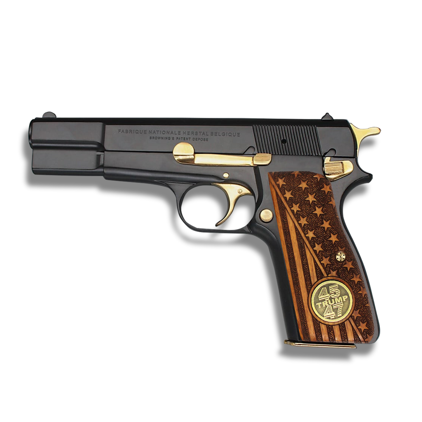 URAY Browning Hi-Power Pistol Grips with 45-47 Trump Medallion and American Flag Design - Premium Pistol Grip Accessories for Browning Hi Power MK1 MK2 MK3 and T Series