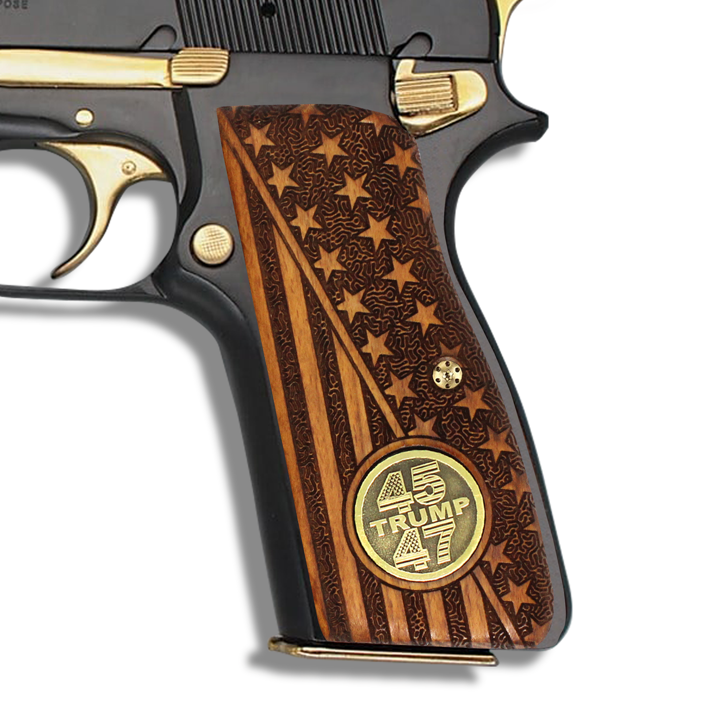 URAY Browning Hi-Power Pistol Grips with 45-47 Trump Medallion and American Flag Design - Premium Pistol Grip Accessories for Browning Hi Power MK1 MK2 MK3 and T Series