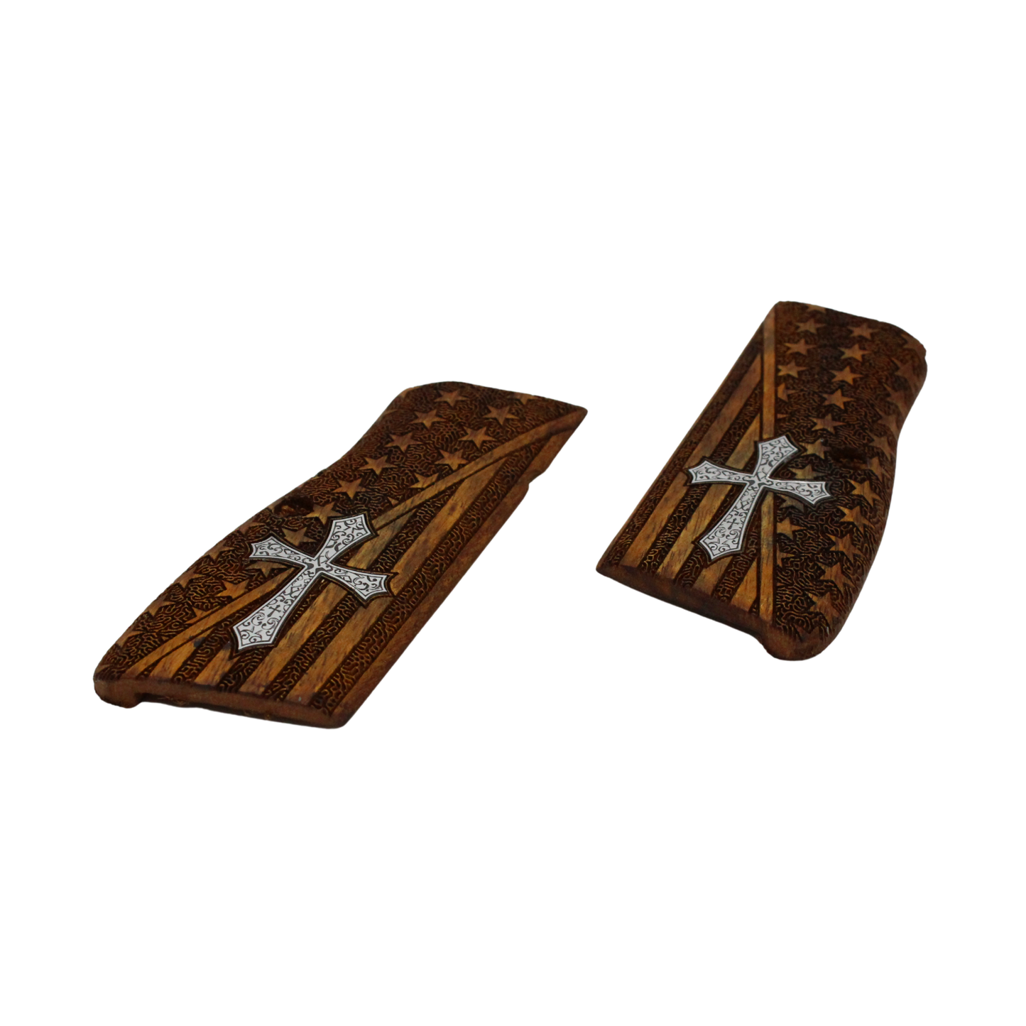 URAY Browning Hi-Power / Hi Power Walnut Grips Panels – American Flag Laser Engraved & Ornate Cross Inlay – Fits Mk I Mk II Mk III T-Series, Springfield SA-35, Tisas 14, Yavuz 14