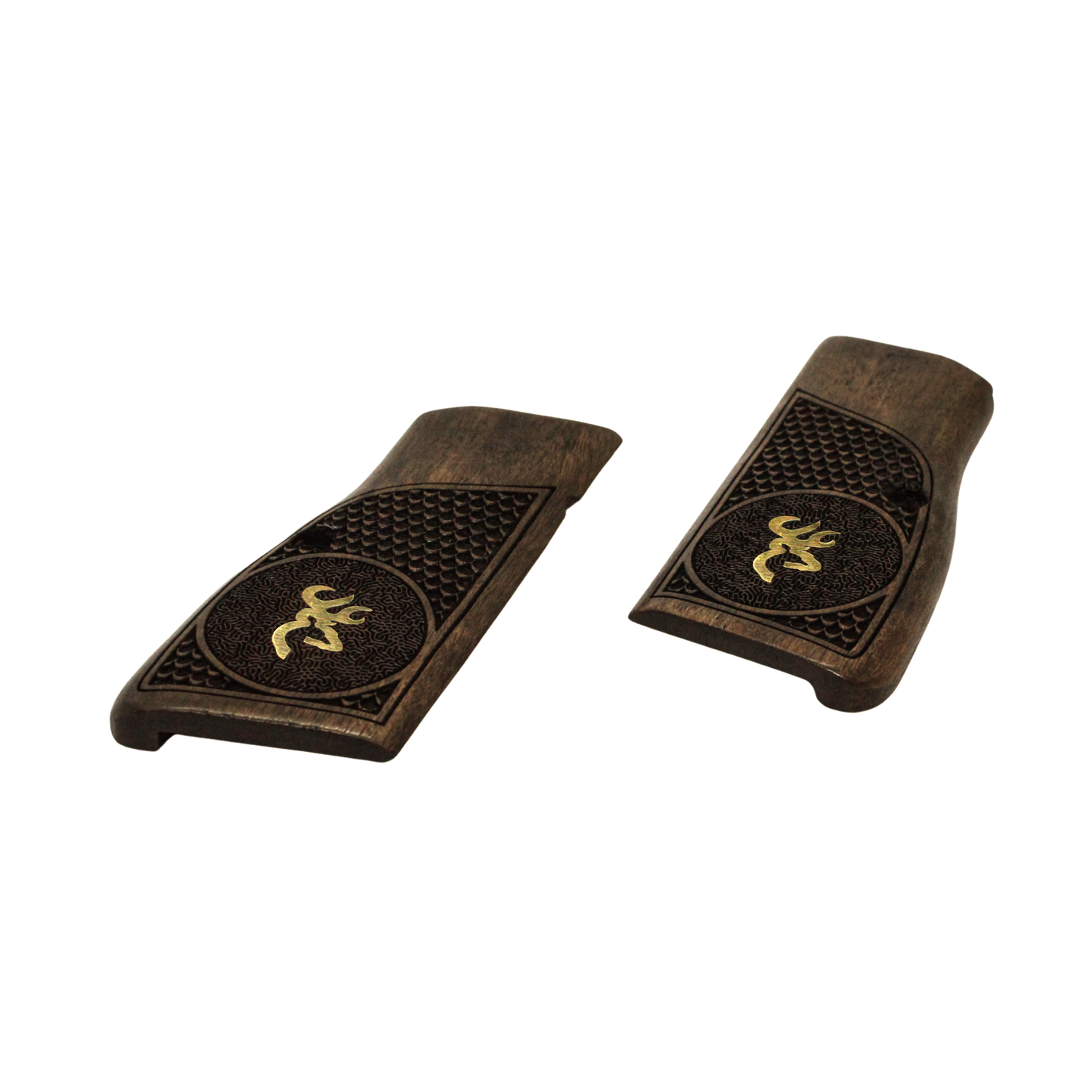 URAY Hi-Power Walnut Grips – Gold Buck Inlay & Textured Checkering – Fits Mk I/II/III, T-Series, SA-35, Tisas 14, Yavuz 14
