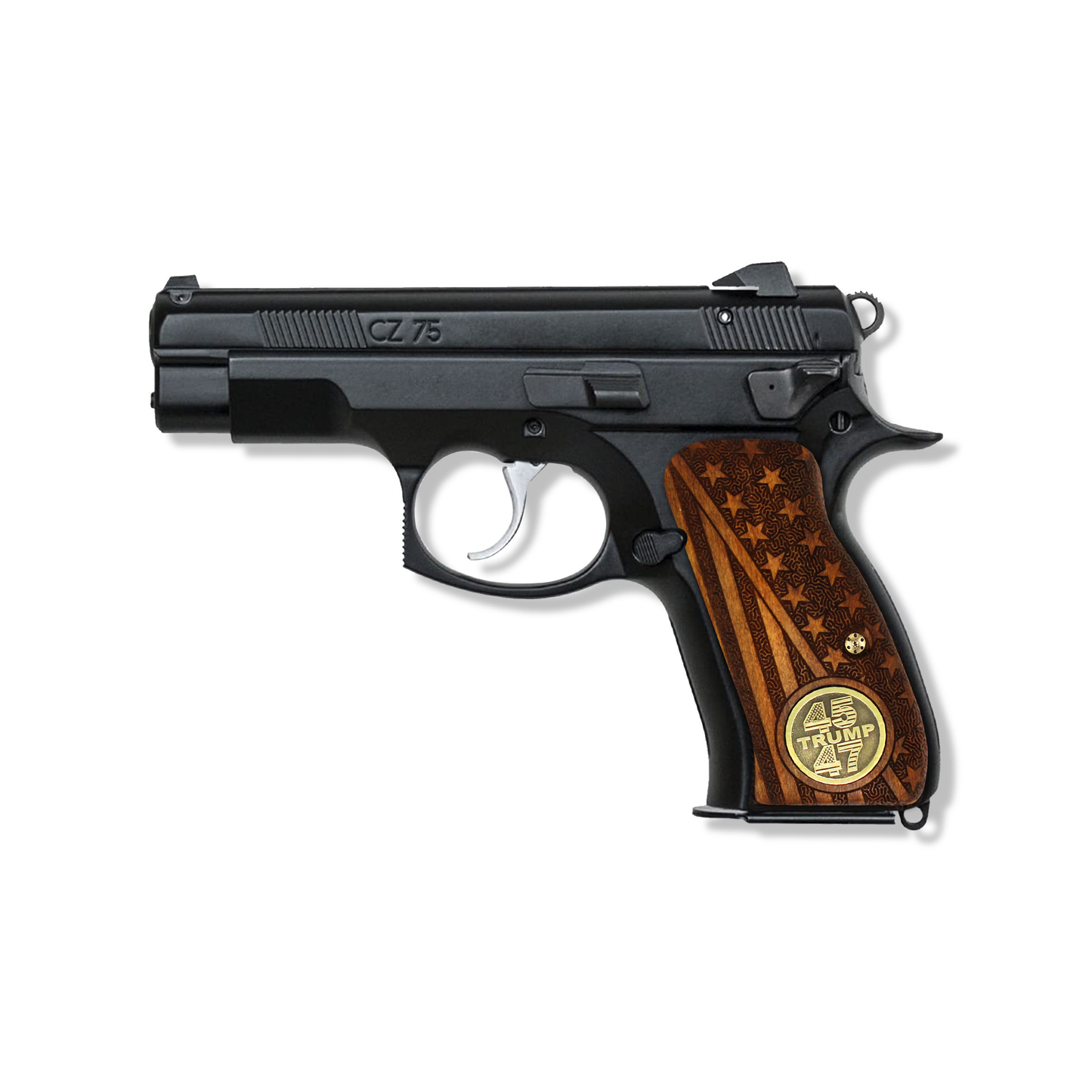 URAY CZ 75 Compact Wood Pistol Grip with 45-47 Trump Medallion and American Flag Design - Premium Gun Grip Accessories for CZ 75 Compact