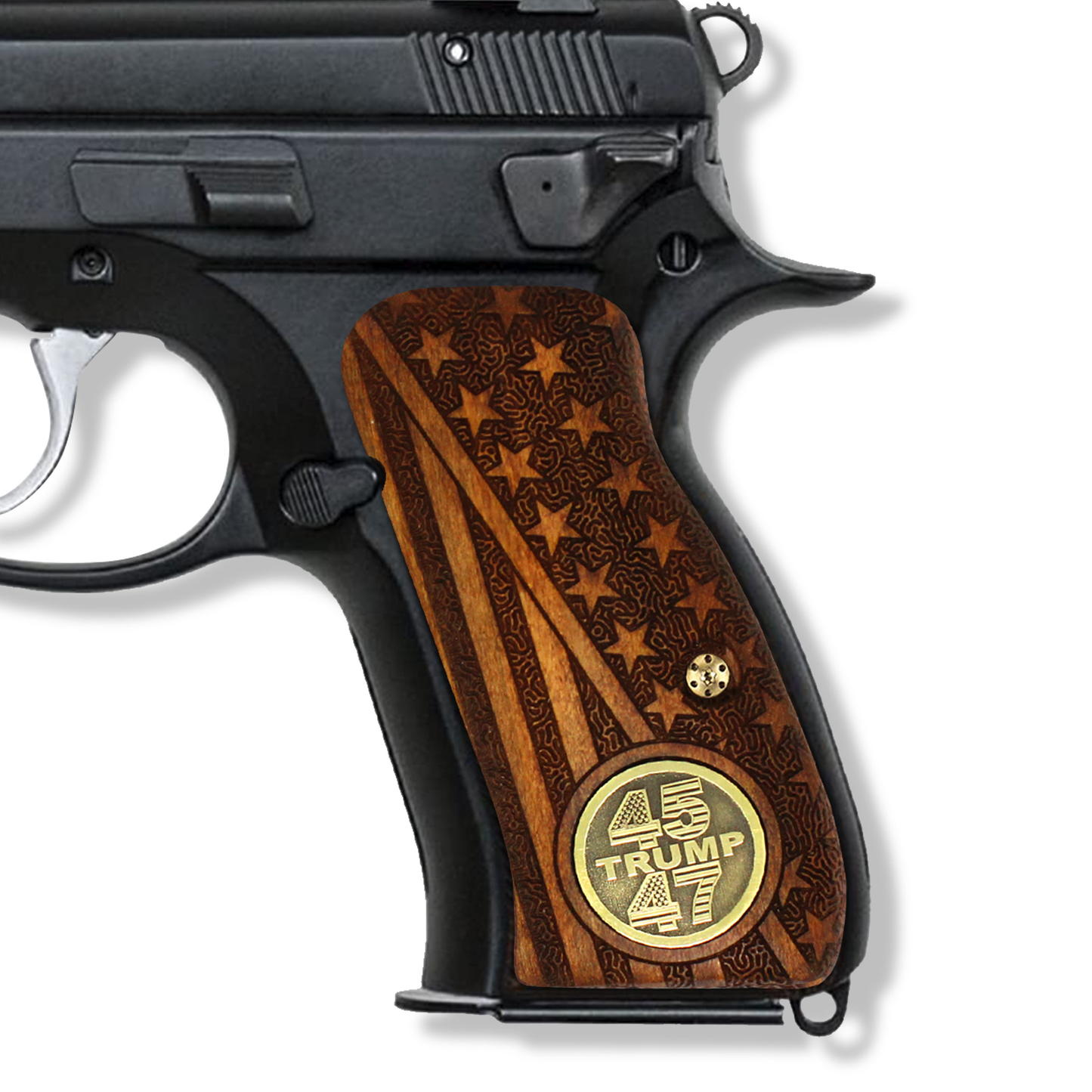 URAY CZ 75 Compact Wood Pistol Grip with 45-47 Trump Medallion and American Flag Design - Premium Gun Grip Accessories for CZ 75 Compact