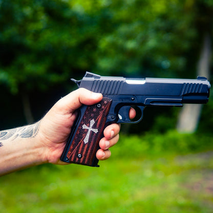 URAY 1911 Empuñaduras de pistola de madera con bandera estadounidense híbrida hecha a mano/CNC de tamaño completo y cruz cristiana