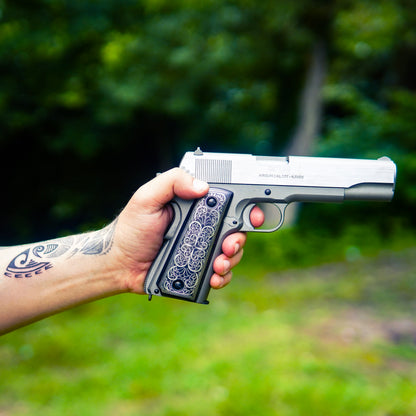 URAY 1911 Empuñaduras de pistola de madera con incrustaciones de alpaca y plata alemana hechas a mano de tamaño completo