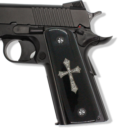 URAY 1911 Empuñaduras de pistola de plexi acrílico negro y cruz cristiana de tamaño completo