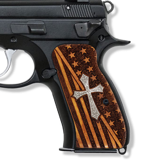 URAY CZ-75 Compacto de madera de nogal CNC/bandera americana híbrida hecha a mano y empuñaduras de pistola con cruz cristiana 