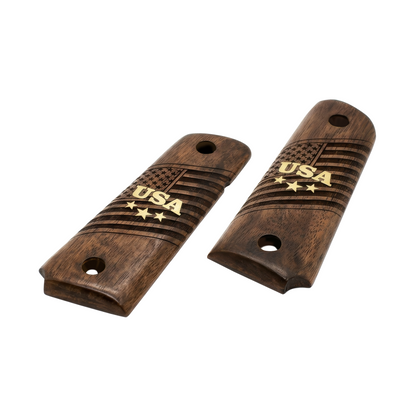 URAY 1911 Full Size Walnut Wood Grips – USA Aluminum Inlay & Laser Engraved American Flag, Premium Grip Panels for Government Model 1911