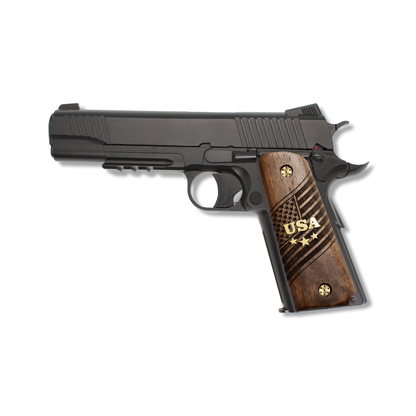 URAY 1911 Full Size Walnut Wood Grips – USA Aluminum Inlay & Laser Engraved American Flag, Premium Grip Panels for Government Model 1911