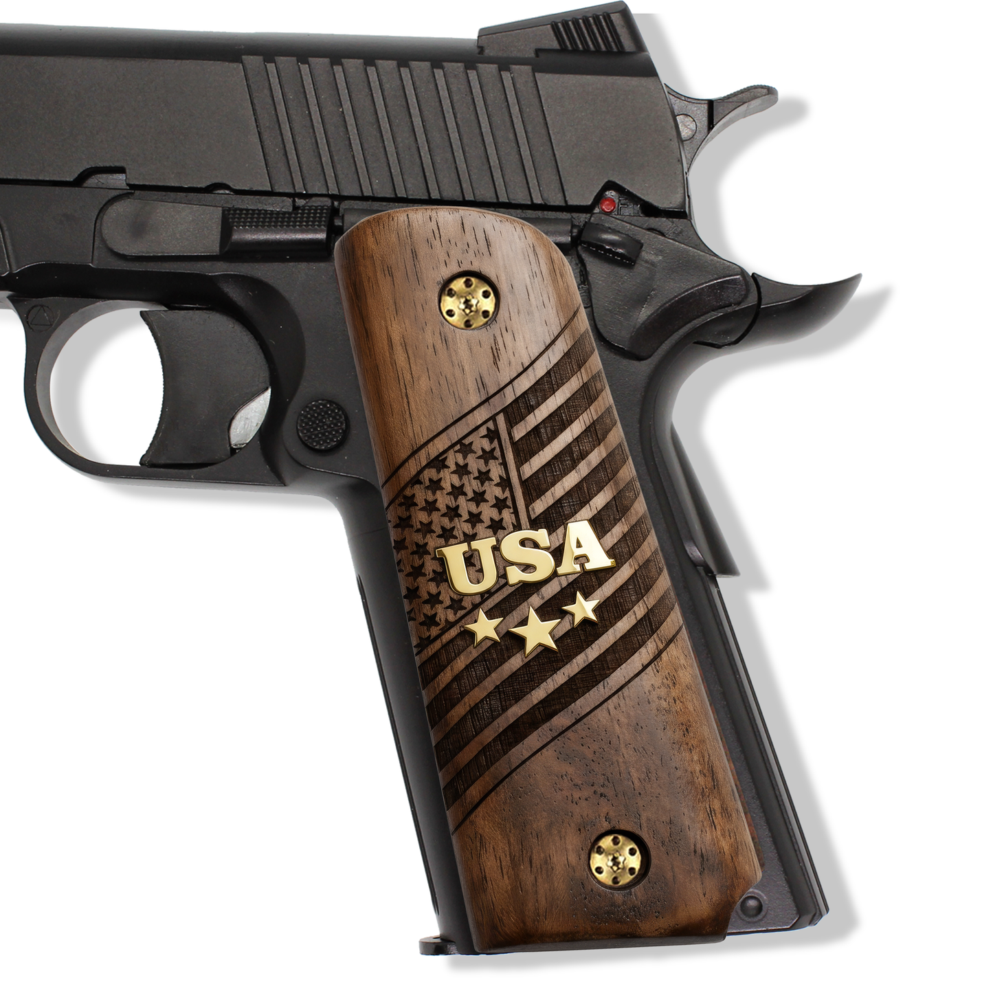 URAY 1911 Full Size Walnut Wood Grips – USA Aluminum Inlay & Laser Engraved American Flag, Premium Grip Panels for Government Model 1911