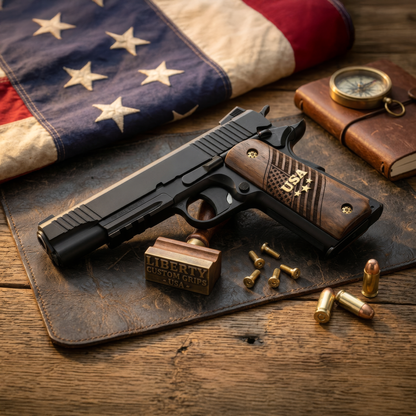 URAY 1911 Full Size Walnut Wood Grips – USA Aluminum Inlay & Laser Engraved American Flag, Premium Grip Panels for Government Model 1911