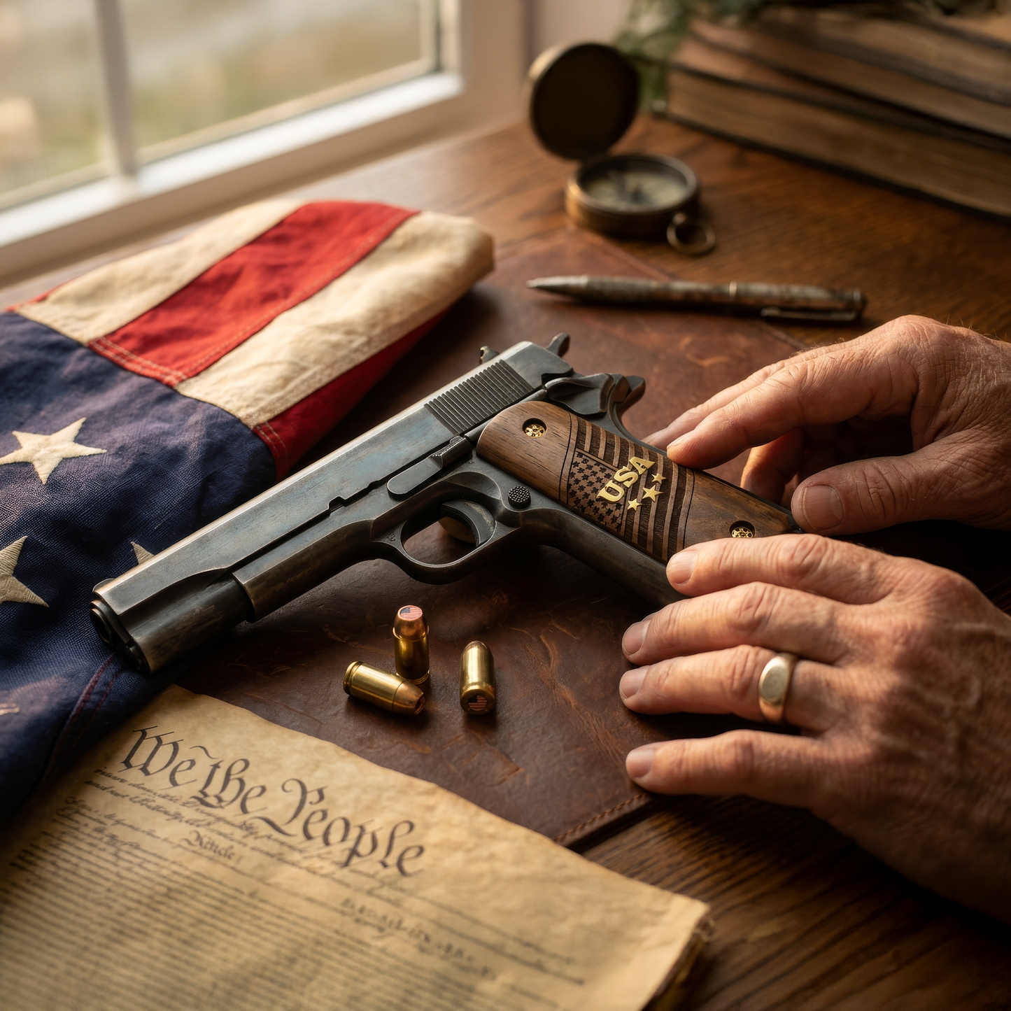 URAY 1911 Full Size Walnut Wood Grips – USA Aluminum Inlay & Laser Engraved American Flag, Premium Grip Panels for Government Model 1911