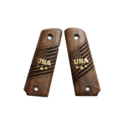 URAY 1911 Full Size Walnut Wood Grips – USA Aluminum Inlay & Laser Engraved American Flag, Premium Grip Panels for Government Model 1911
