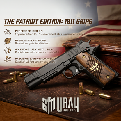 URAY 1911 Full Size Walnut Wood Grips – USA Aluminum Inlay & Laser Engraved American Flag, Premium Grip Panels for Government Model 1911
