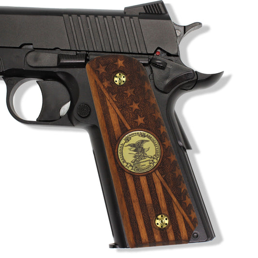 URAY 1911 Empuñaduras de pistola con bandera y medallón NRA híbridas hechas a mano/CNC de tamaño completo