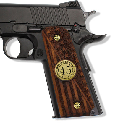 URAY 1911 Empuñaduras de pistola de madera con medallón y bandera de 45 Trump, híbrido hecho a mano/CNC de tamaño completo