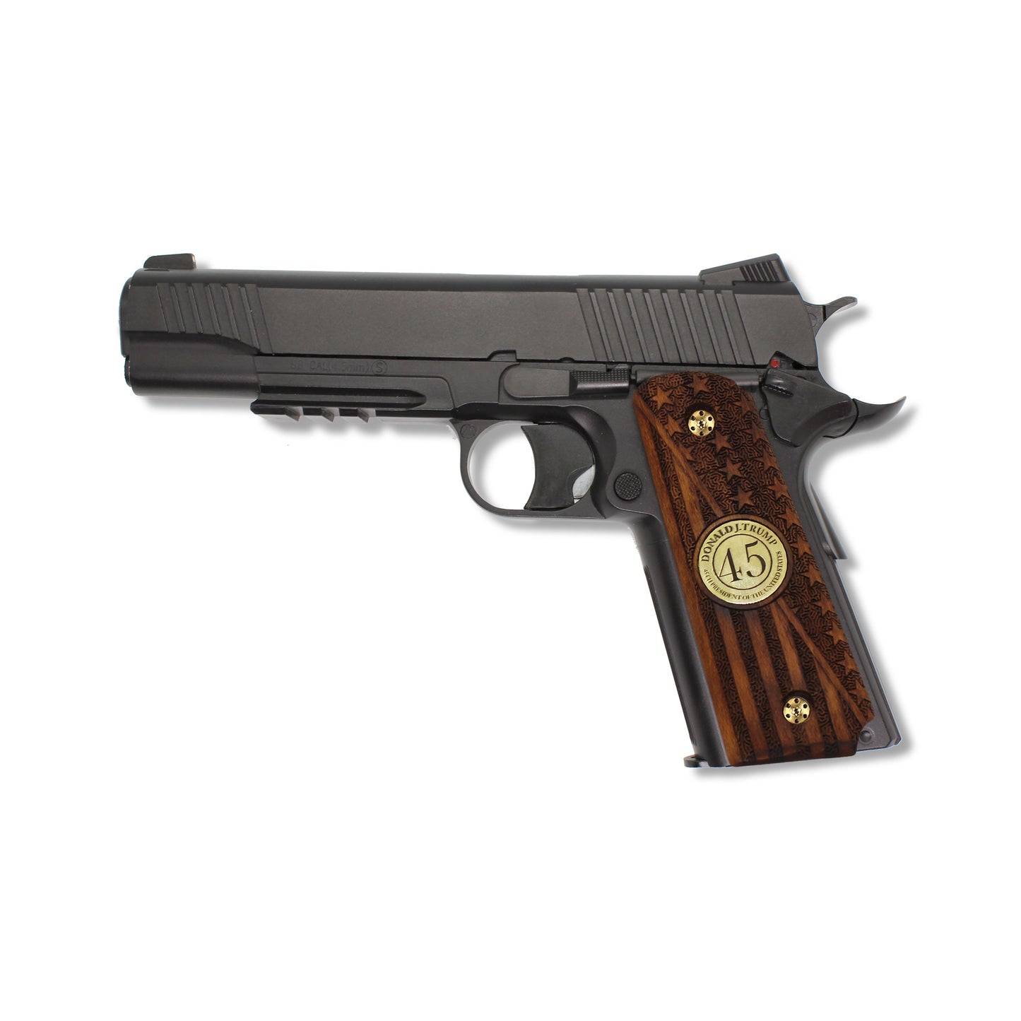 URAY 1911 Empuñaduras de pistola de madera con medallón y bandera de 45 Trump, híbrido hecho a mano/CNC de tamaño completo