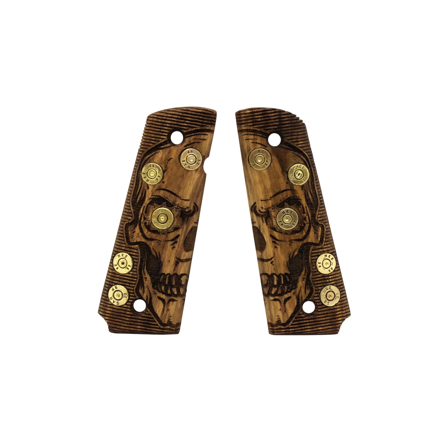 URAY 1911 Full Size Walnut Grips – Real Bullet Inlay & CNC Skull Carving – Handmade by Uray Pistol Grips – Unique Artisan Craft