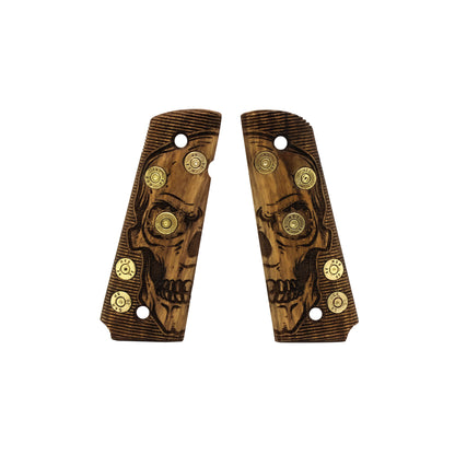 URAY 1911 Full Size Walnut Grips – Real Bullet Inlay & CNC Skull Carving – Handmade by Uray Pistol Grips – Unique Artisan Craft