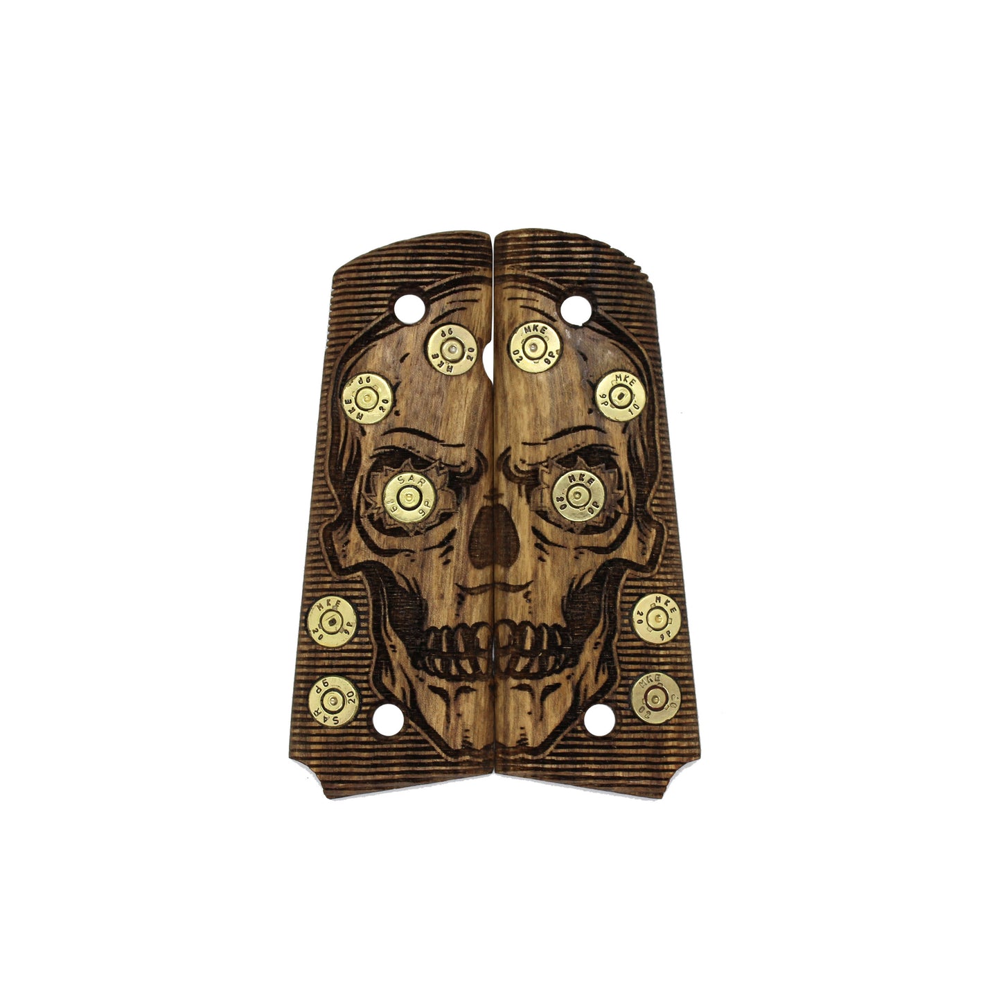 URAY 1911 Full Size Walnut Grips – Real Bullet Inlay & CNC Skull Carving – Handmade by Uray Pistol Grips – Unique Artisan Craft