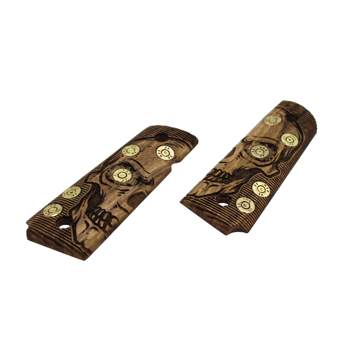 URAY 1911 Full Size Walnut Grips – Real Bullet Inlay & CNC Skull Carving – Handmade by Uray Pistol Grips – Unique Artisan Craft