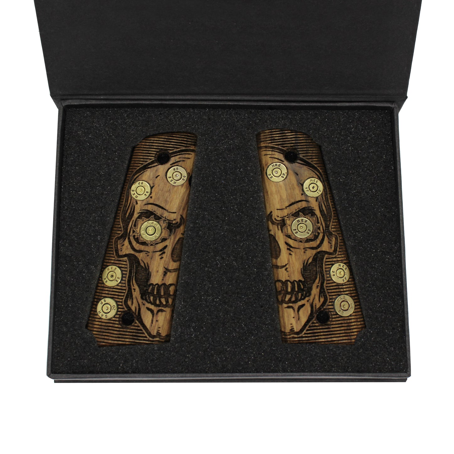 URAY 1911 Full Size Walnut Grips – Real Bullet Inlay & CNC Skull Carving – Handmade by Uray Pistol Grips – Unique Artisan Craft