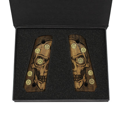 URAY 1911 Full Size Walnut Grips – Real Bullet Inlay & CNC Skull Carving – Handmade by Uray Pistol Grips – Unique Artisan Craft