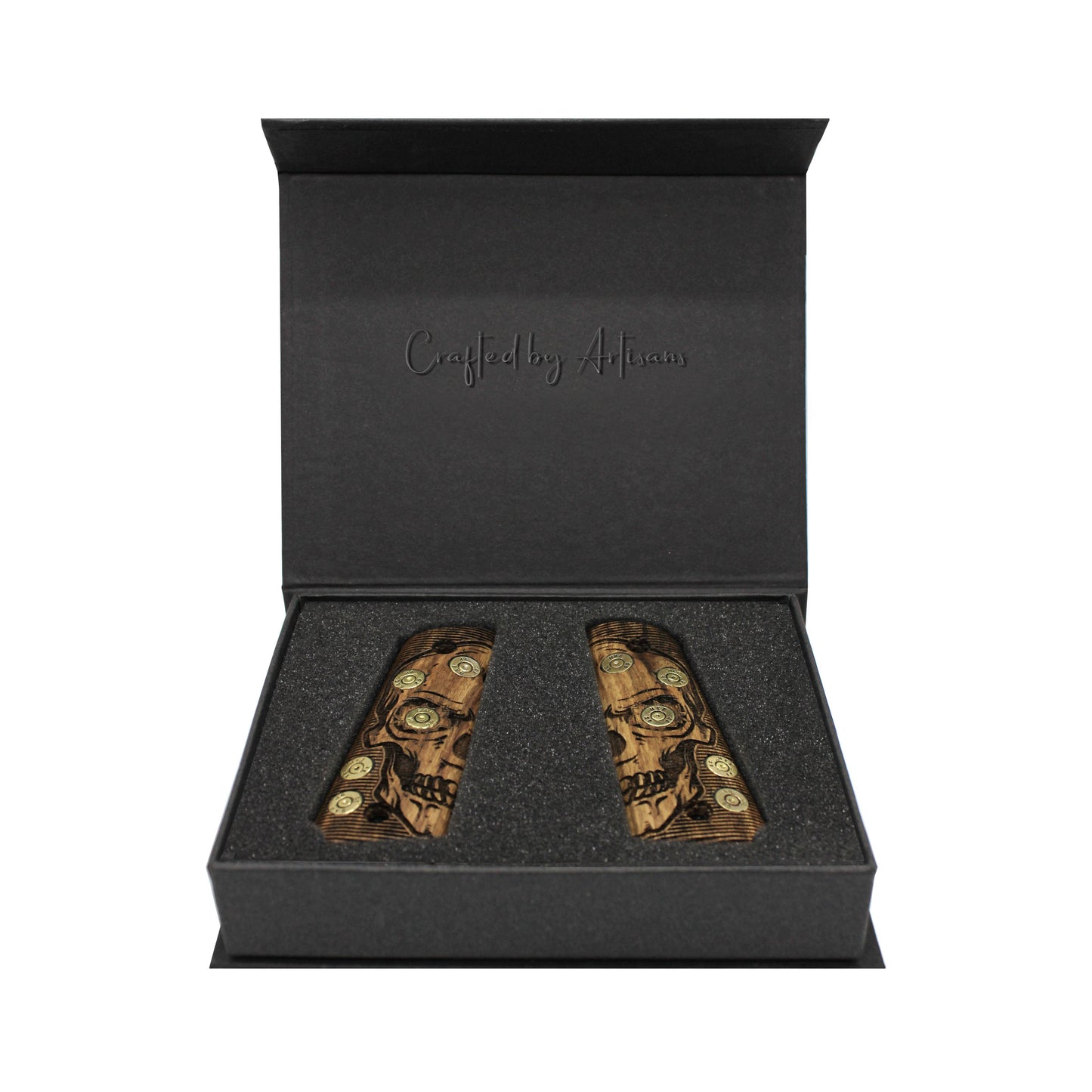 URAY 1911 Full Size Walnut Grips – Real Bullet Inlay & CNC Skull Carving – Handmade by Uray Pistol Grips – Unique Artisan Craft