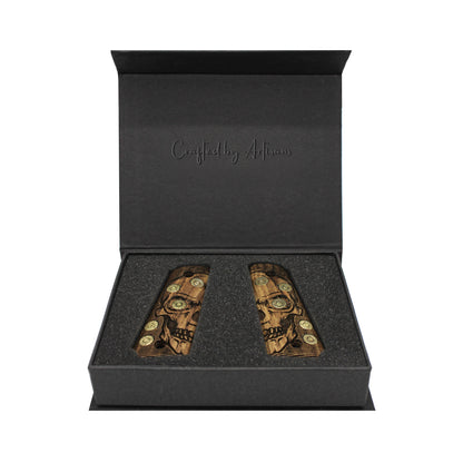 URAY 1911 Full Size Walnut Grips – Real Bullet Inlay & CNC Skull Carving – Handmade by Uray Pistol Grips – Unique Artisan Craft