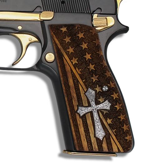 URAY Browning Hi-Power / Hi Power Walnut Grips Panels – American Flag Laser Engraved & Ornate Cross Inlay – Fits Mk I Mk II Mk III T-Series, Springfield SA-35, Tisas 14, Yavuz 14