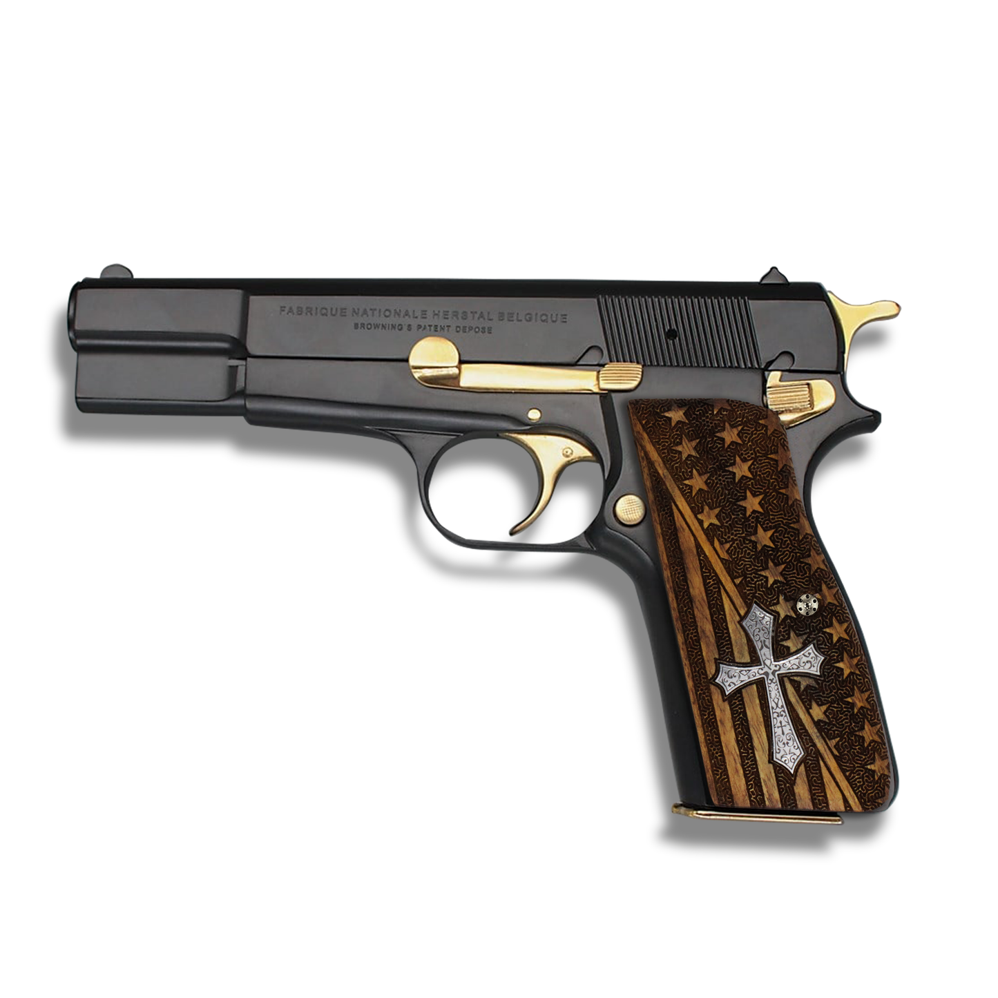 URAY Browning Hi-Power / Hi Power Walnut Grips Panels – American Flag Laser Engraved & Ornate Cross Inlay – Fits Mk I Mk II Mk III T-Series, Springfield SA-35, Tisas 14, Yavuz 14