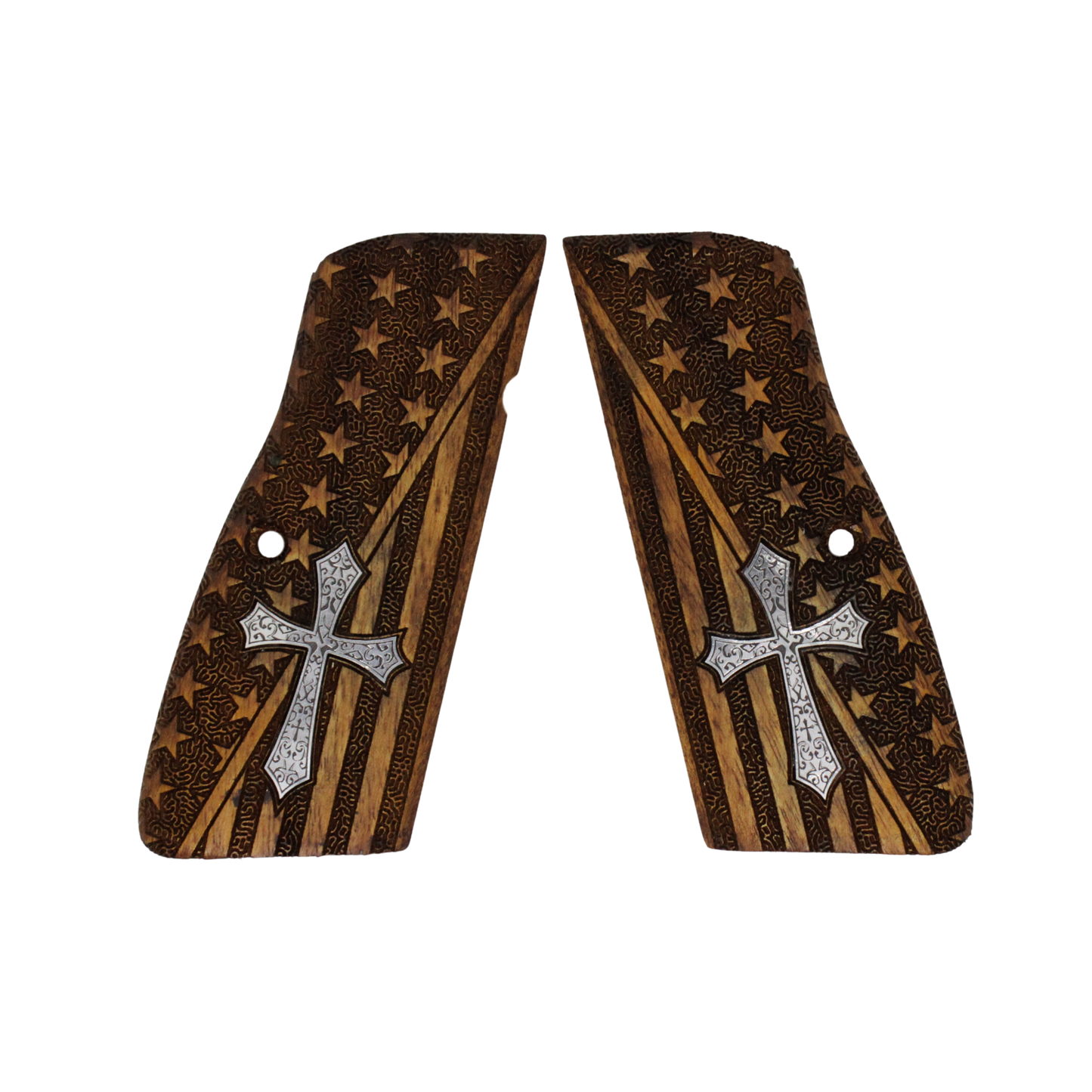 URAY Browning Hi-Power / Hi Power Walnut Grips Panels – American Flag Laser Engraved & Ornate Cross Inlay – Fits Mk I Mk II Mk III T-Series, Springfield SA-35, Tisas 14, Yavuz 14
