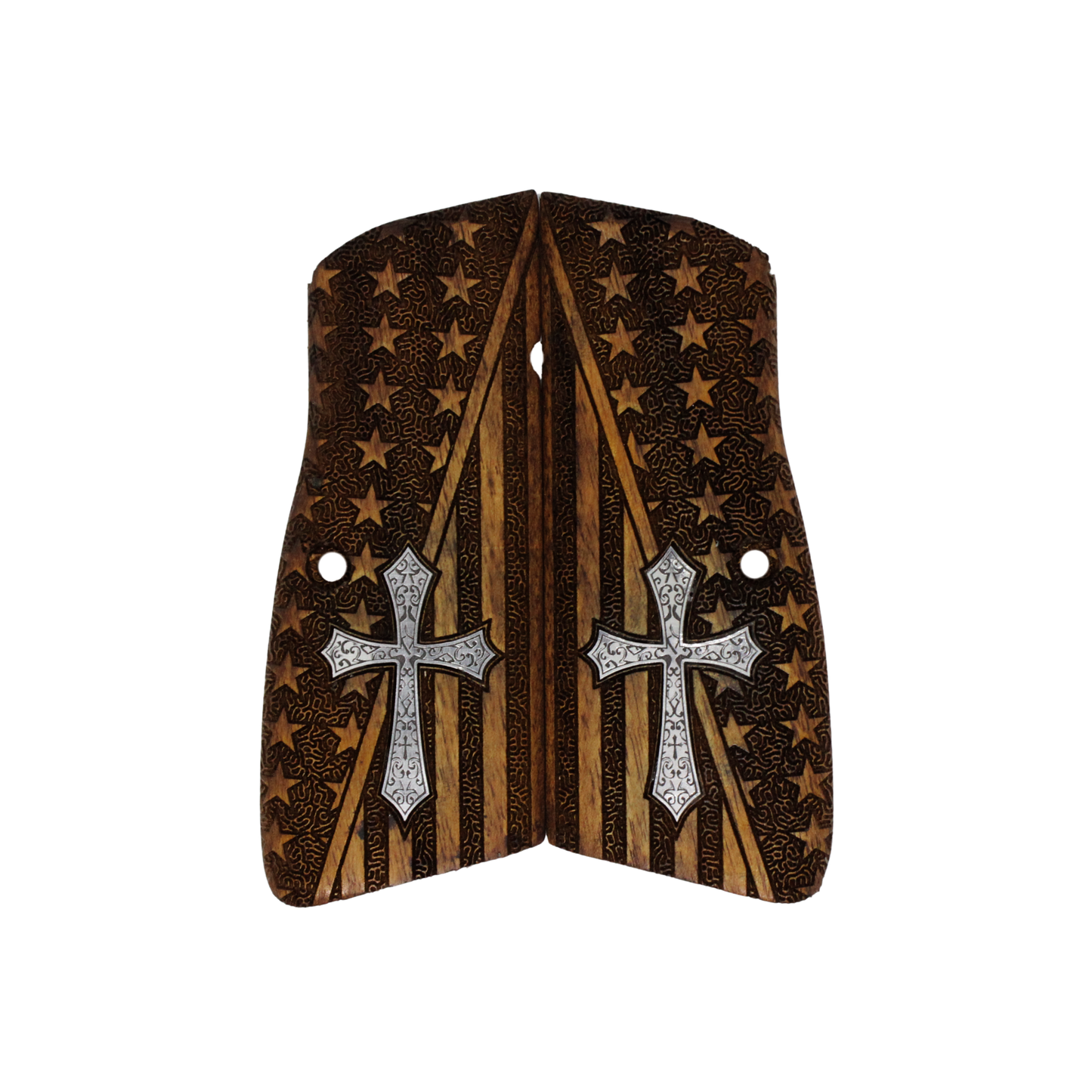 URAY Browning Hi-Power / Hi Power Walnut Grips Panels – American Flag Laser Engraved & Ornate Cross Inlay – Fits Mk I Mk II Mk III T-Series, Springfield SA-35, Tisas 14, Yavuz 14