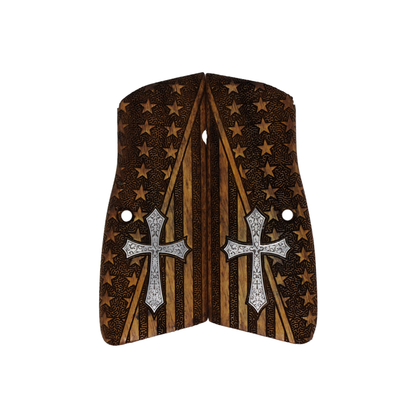 URAY Browning Hi-Power / Hi Power Walnut Grips Panels – American Flag Laser Engraved & Ornate Cross Inlay – Fits Mk I Mk II Mk III T-Series, Springfield SA-35, Tisas 14, Yavuz 14