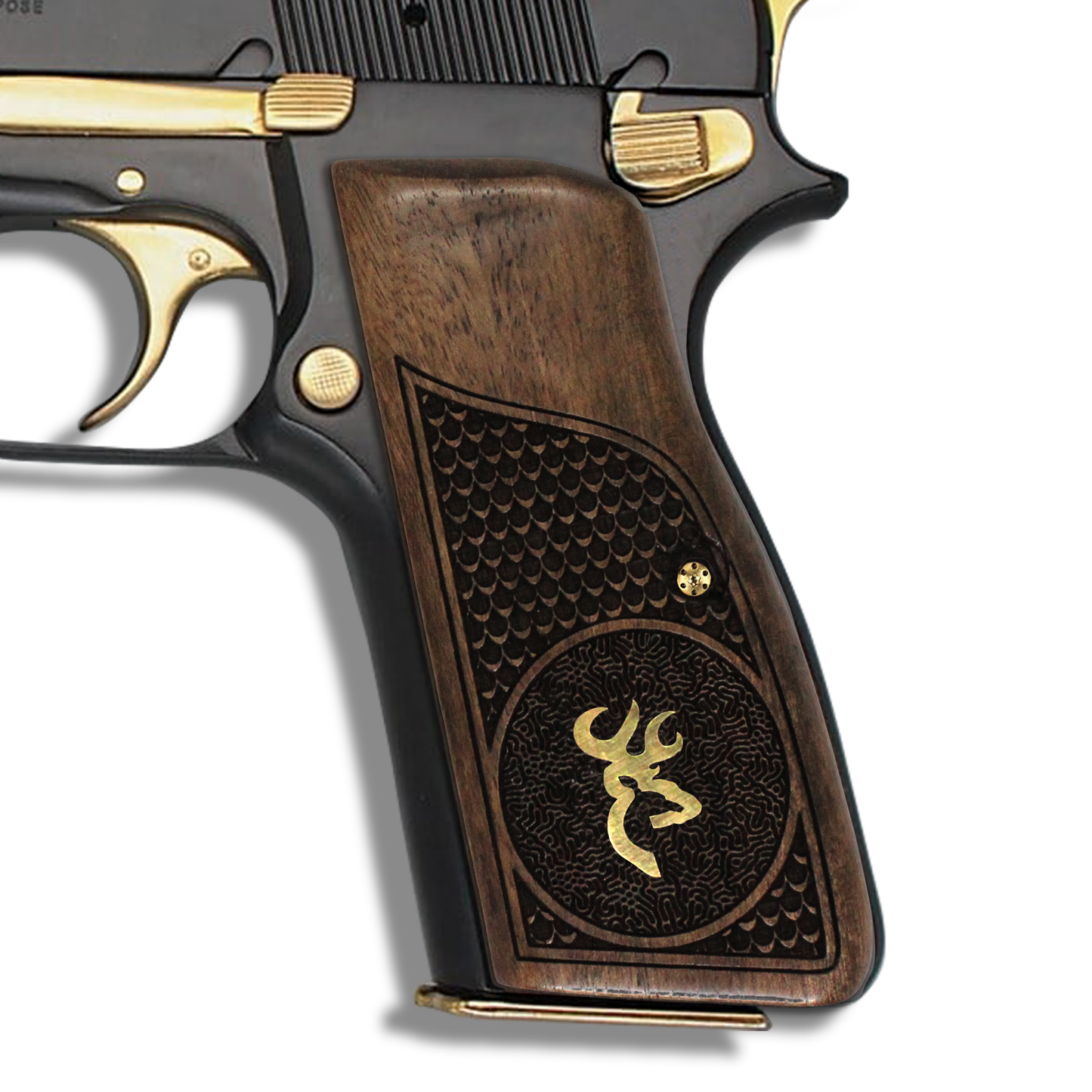 URAY Hi-Power Walnut Grips – Gold Buck Inlay & Textured Checkering – Fits Mk I/II/III, T-Series, SA-35, Tisas 14, Yavuz 14
