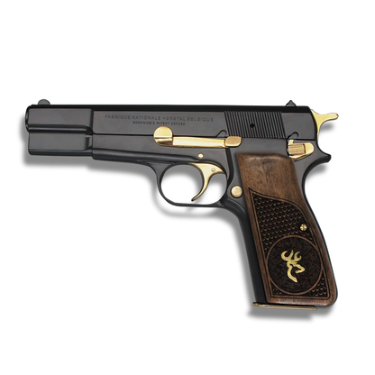 URAY Hi-Power Walnut Grips – Gold Buck Inlay & Textured Checkering – Fits Mk I/II/III, T-Series, SA-35, Tisas 14, Yavuz 14