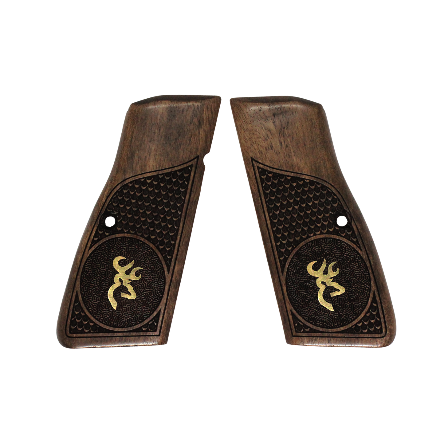 URAY Hi-Power Walnut Grips – Gold Buck Inlay & Textured Checkering – Fits Mk I/II/III, T-Series, SA-35, Tisas 14, Yavuz 14