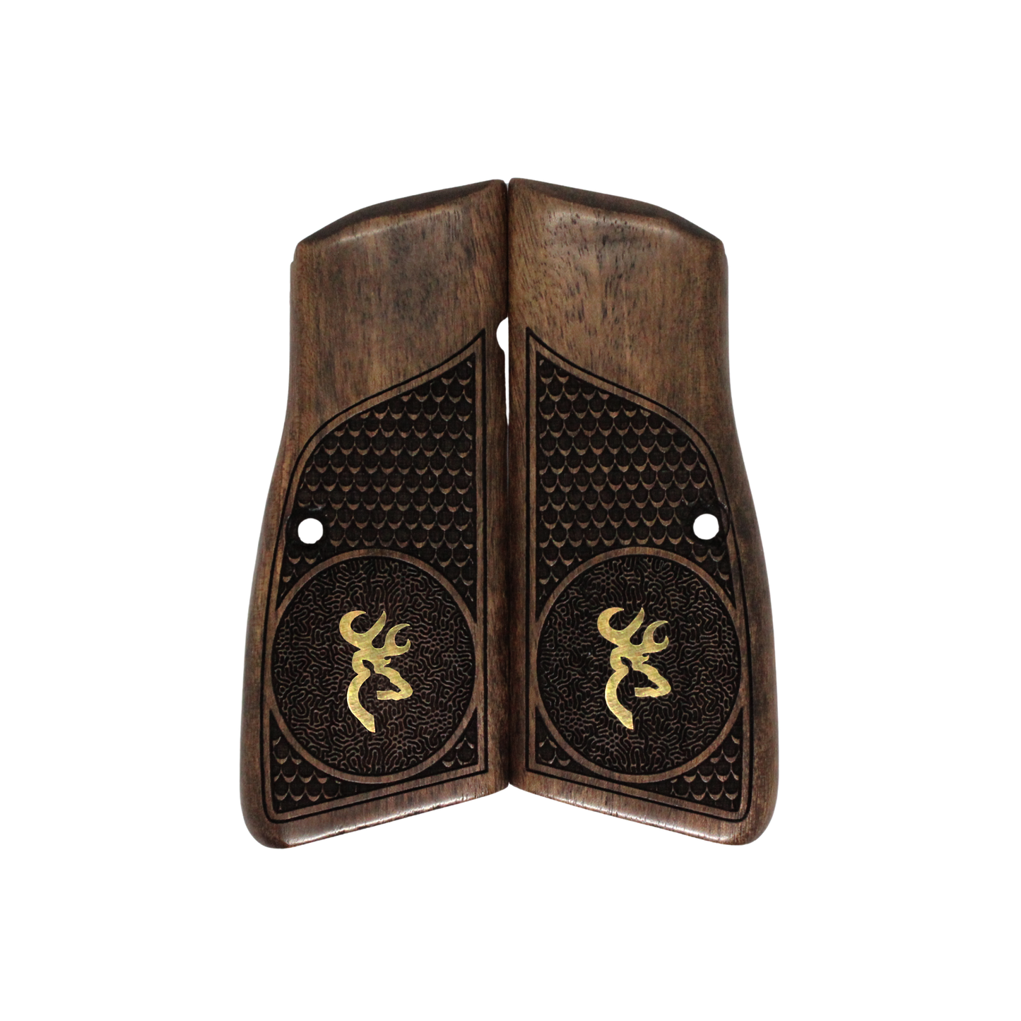 URAY Hi-Power Walnut Grips – Gold Buck Inlay & Textured Checkering – Fits Mk I/II/III, T-Series, SA-35, Tisas 14, Yavuz 14