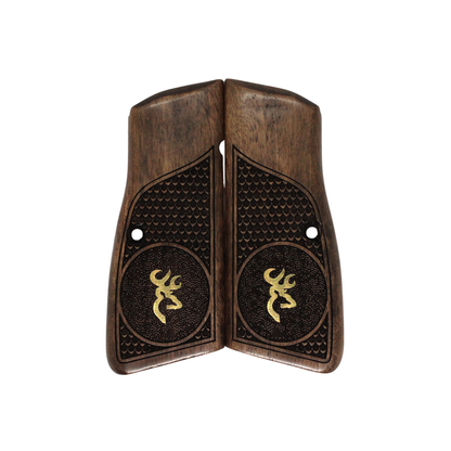 URAY Hi-Power Walnut Grips – Gold Buck Inlay & Textured Checkering – Fits Mk I/II/III, T-Series, SA-35, Tisas 14, Yavuz 14