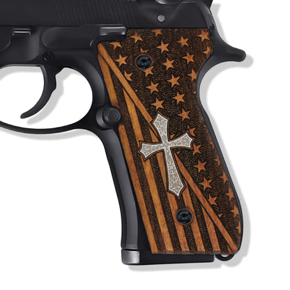 Beretta 92 92FS 96 Custom 3D Engraved Walnut Wood Grips - Trident Checkered