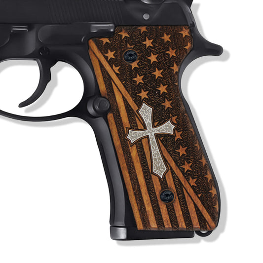 URAY Beretta 92/96 CNC de madera de tamaño completo/bandera estadounidense híbrida hecha a mano y empuñaduras de pistola con cruz cristiana 