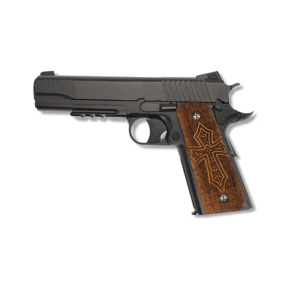 URAY 1911 Empuñaduras de pistola con cruz cristiana de madera de tamaño completo