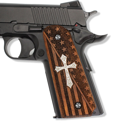 URAY 1911 Empuñaduras de pistola de madera con bandera estadounidense híbrida hecha a mano/CNC de tamaño completo y cruz cristiana