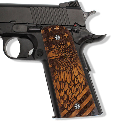 URAY 1911 Empuñaduras de pistola con águila y bandera estadounidense de madera de tamaño completo