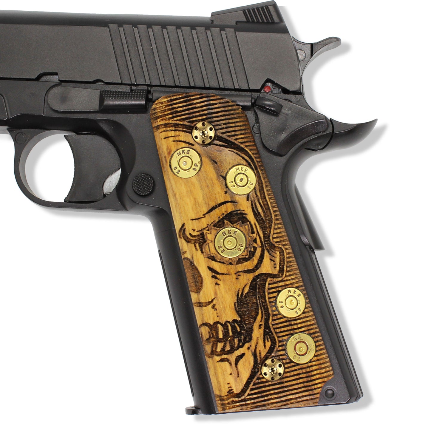 URAY 1911 Full Size Walnut Grips – Real Bullet Inlay & CNC Skull Carving – Handmade by Uray Pistol Grips – Unique Artisan Craft
