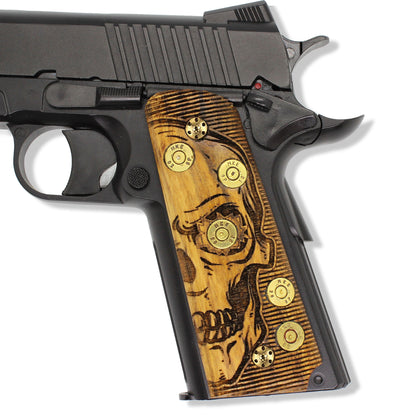 URAY 1911 Full Size Walnut Grips – Real Bullet Inlay & CNC Skull Carving – Handmade by Uray Pistol Grips – Unique Artisan Craft